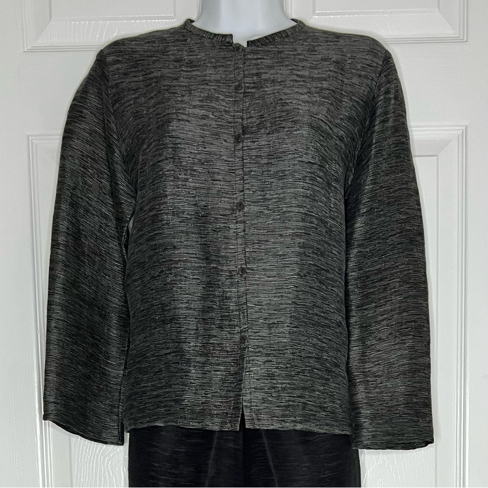 Eileen Fisher Petite Women’s Grey Textured Linen + Cotton Mandarin Collar Top SP